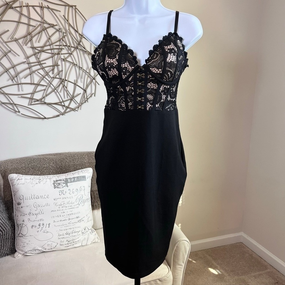 Papaya Black Lace Corset Midi Dress Floral Bodycon Cocktail Coquette Goth Baddie